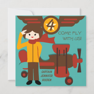Brunette Girl Pilot Birthday Invitations