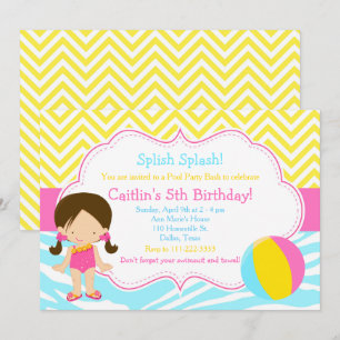 Brunette Girl Pool Party Bash Party Invitation