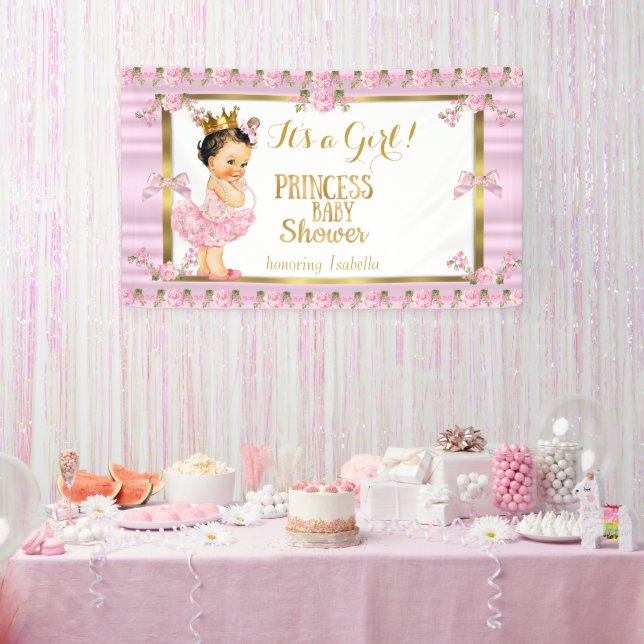 Brunette Girl Princess Baby Shower Pink Gold Tutu Banner (Party)