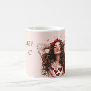 Brunette Girl Red Hearts Valentine's Day Love Coffee Mug