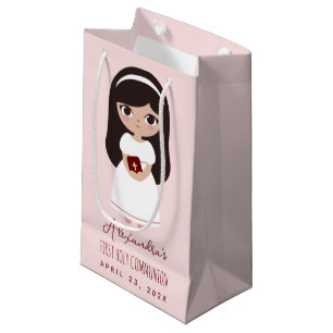 Brunette Girl Religious First Holy Communion Pink  Small Gift Bag