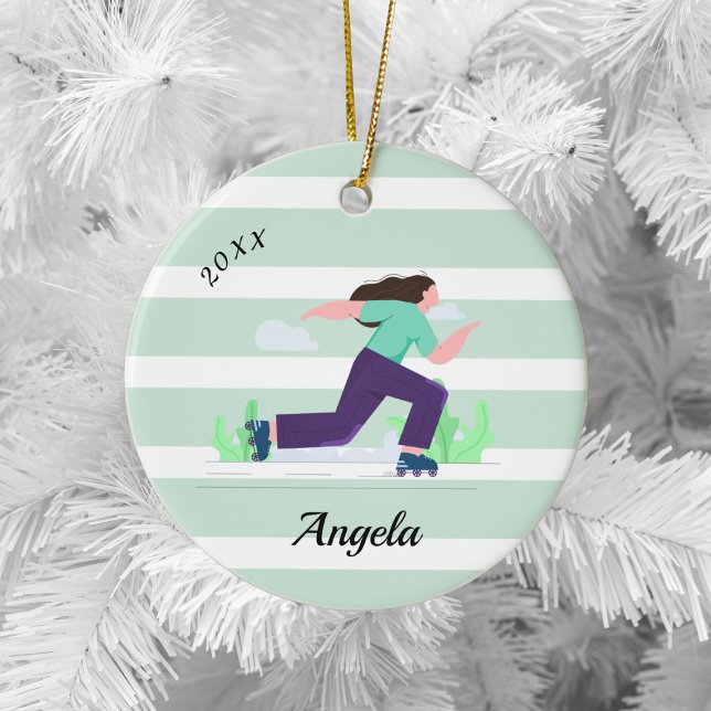 Brunette Girl Skating Rollerblading Name & Year  Ceramic Tree Decoration (Creator Uploaded)