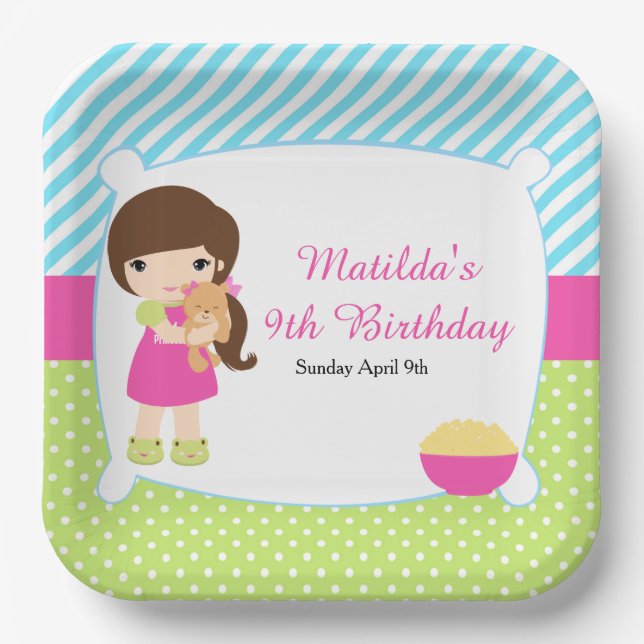 Brunette Girl Sleepover Slumber Party Paper Plate (Front)