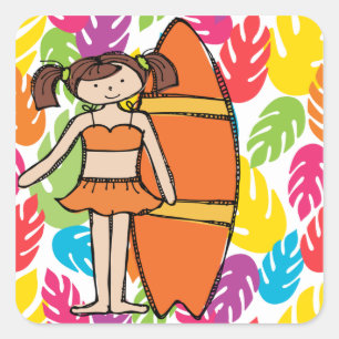 Brunette Girl Surfer Stickers