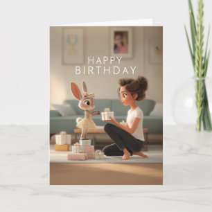 Brunette Girl w/ Cute Bunny in Gold Birthday Dress Card