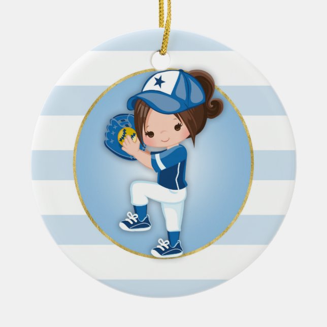 Brunette Girls Blue Softball Ceramic Tree Decoration (Front)