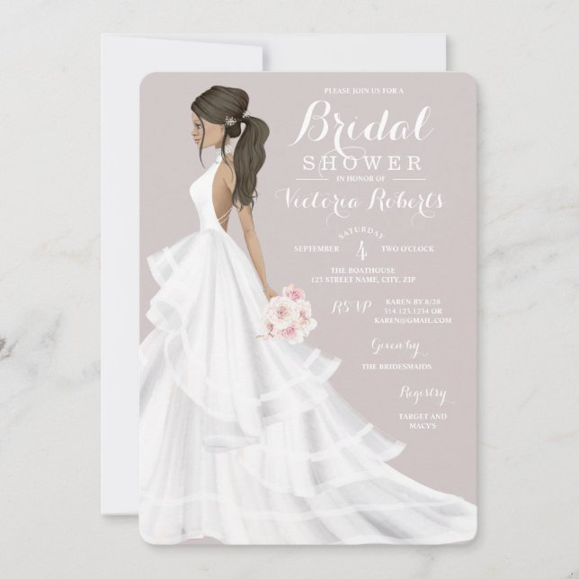 Brunette Glam Bride Wedding Gown Bridal Shower Invitation (Front)