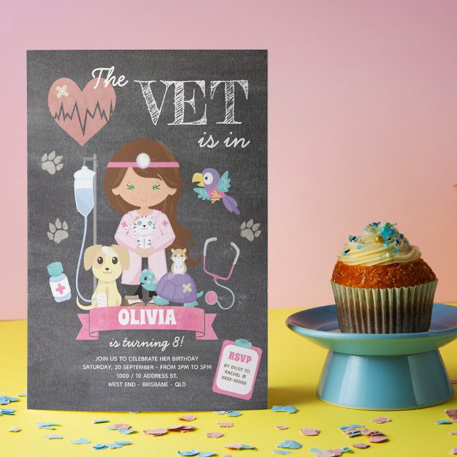 Brunette Green Eyes Chalkboard Vet Birthday Party Invitation (This girl’s vet birthday invitation is just the right medicine to your celebration!)