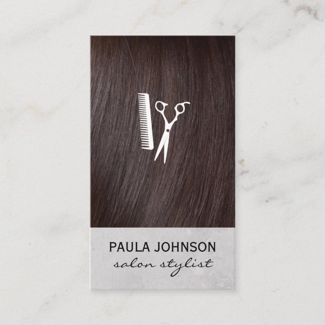 Brunette Hair and Salon Scissors Icon Business Card (Front)