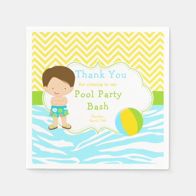 Brunette Hair Boy Pool Party Bash Party Napkin (Front)