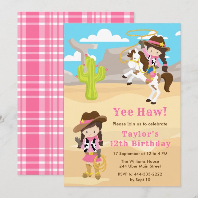 Brunette Hair Cowgirl Birthday Party Invitation (Front/Back)