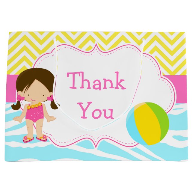Brunette Hair Girl Pool Party Bash Thank You Large Gift Bag (Front)