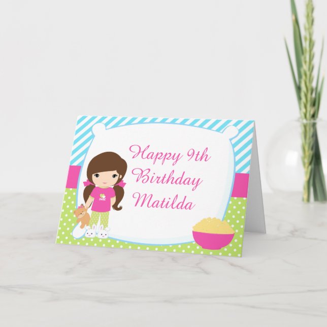 Brunette Hair Girl Sleepover Slumber Birthday Card (Front)