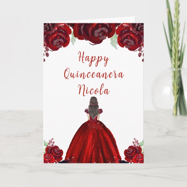 Brunette Hair Princess Red Floral Quinceanera Card (Front)