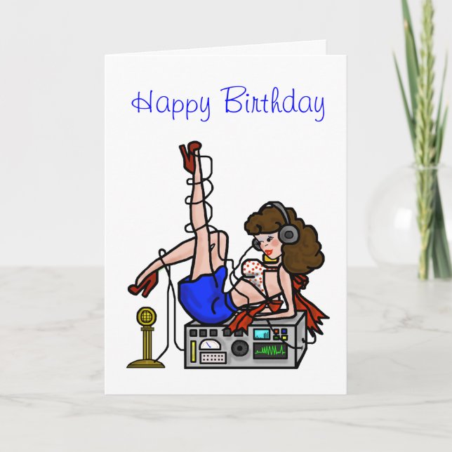 Brunette Ham Radio Pin-up Girl Birthday Card (Front)