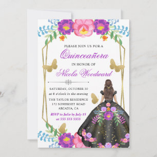 Brunette in Mexican Floral Dress Quinceañera Invitation