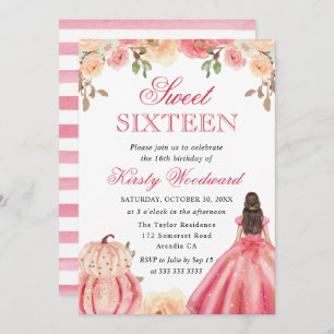 Brunette in Pink Dress Floral Pumpkins Sweet 16 Invitation