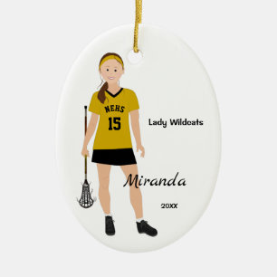 Brunette Lacrosse Player In Black And Yellow Ceramic Tree Decoration