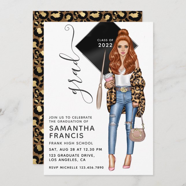 Brunette Leopard Girl Graduation Party Invitation (Front/Back)
