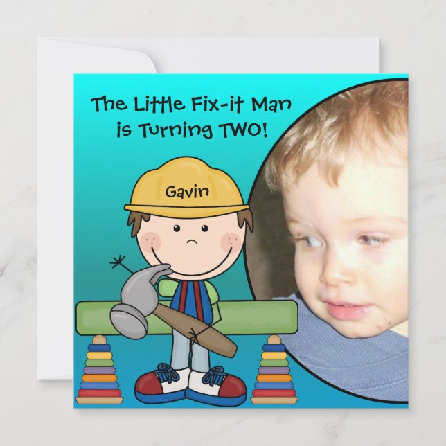 Brunette Little Fix-It Man Birthday Invitation (Front)
