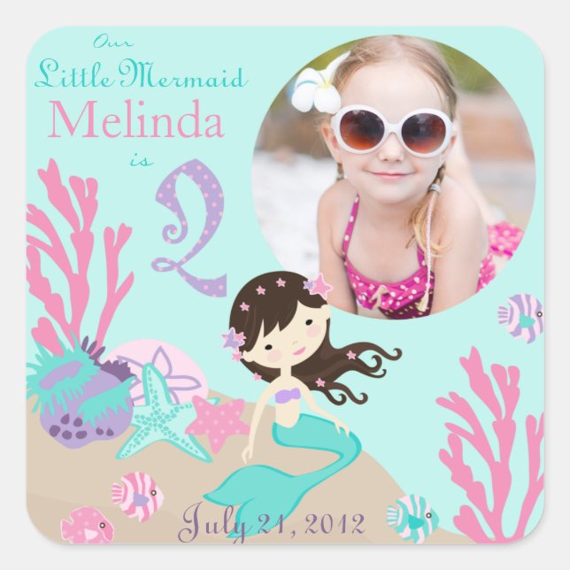 Brunette Mermaid Age Two Photo Sticker Label (Front)