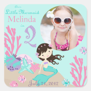 Brunette Mermaid Age Two Photo Sticker Label
