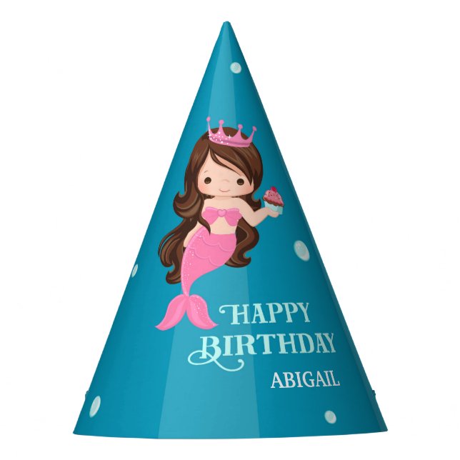 Brunette Mermaid Birthday Party Hat - Personalised (Front)