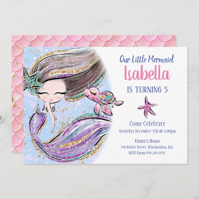 Brunette Mermaid Birthday Party Invitation (Front/Back)