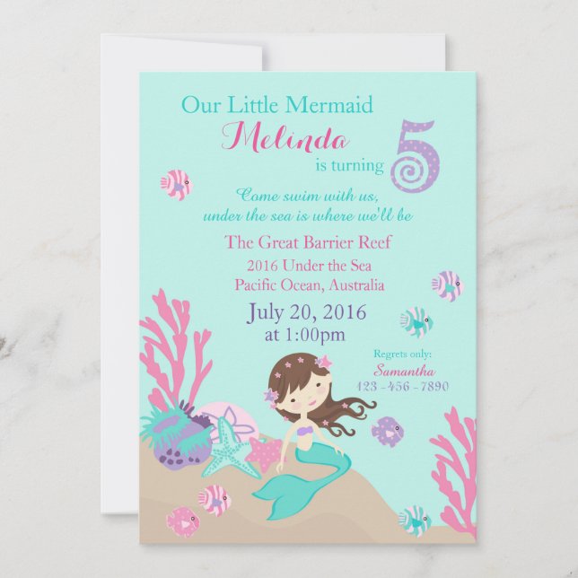 Brunette Mermaid Fifth Birthday Invitation (Front)