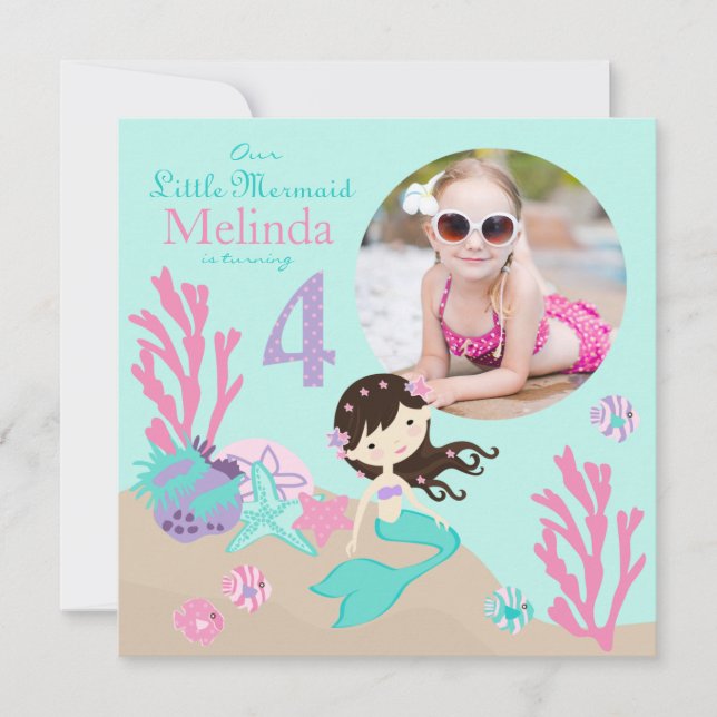 Brunette Mermaid Fourth Birthday Invitation (Front)