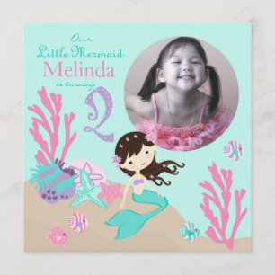 Brunette Mermaid Second Birthday Invitation