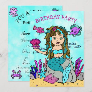 Brunette  Mermaid Under the Sea Birthday Party Invitation