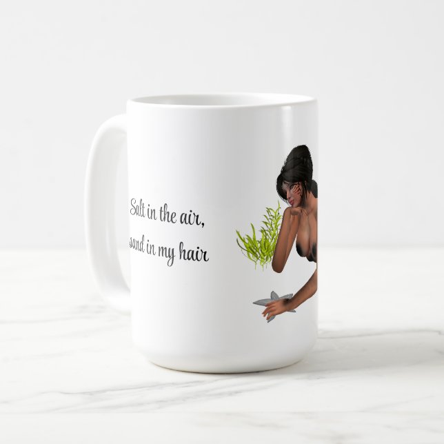 Brunette Mermaid With Starfish Coffee Mug (Front Left)