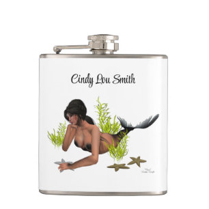 Brunette Mermaid With Starfish Drink Flask