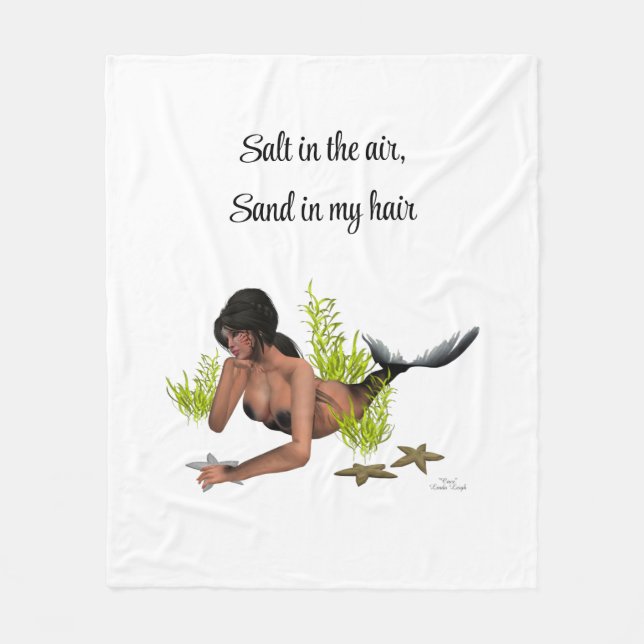 Brunette Mermaid With Starfish Fleece Blanket (Front)