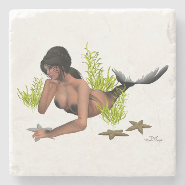 Brunette Mermaid With Starfish Stone Coaster (Front)