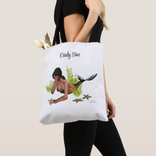 Brunette Mermaid With Starfish Tote Bag