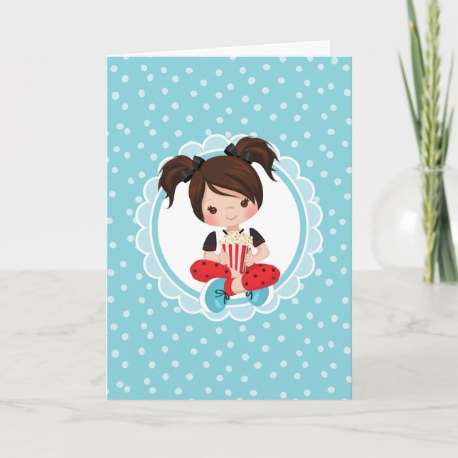 Brunette Movie Night Girl With Popcorn Card (Front)