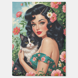 Brunette Pin-Up holding Cute Cat Magnet