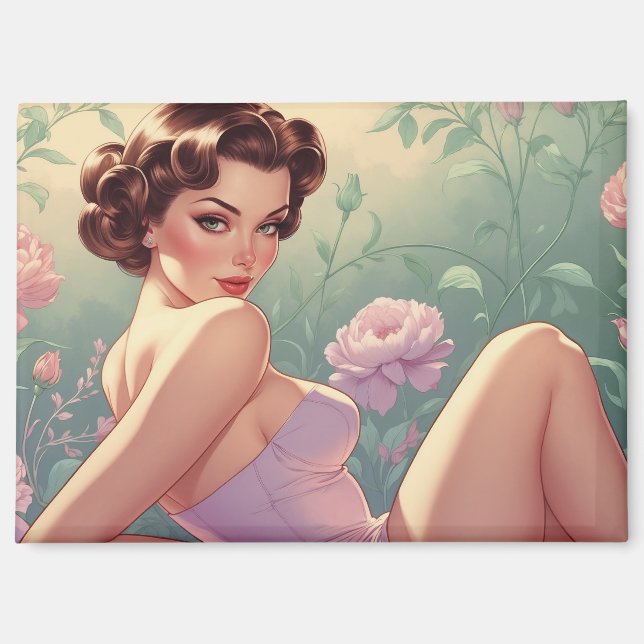 Brunette Pin-Up Pastel Flowers  Magnet (Front)
