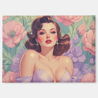 Brunette Pin-Up Pastel Flowers Magnet