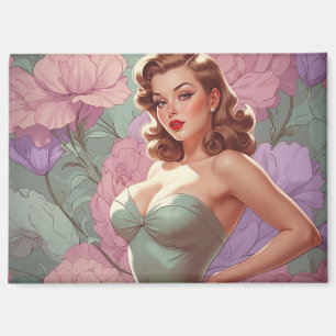 Brunette Pin-Up Pastel Flowers Magnet
