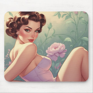 Brunette Pin-Up Pastel Flowers Mouse Pad