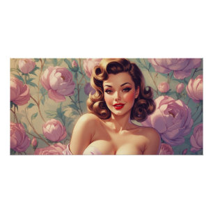 Brunette Pin-Up Pastel Flowers Poster