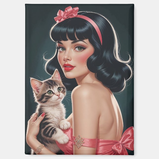 Brunette Pin-Up with Cute Kitten Portrait Magnet (Front)