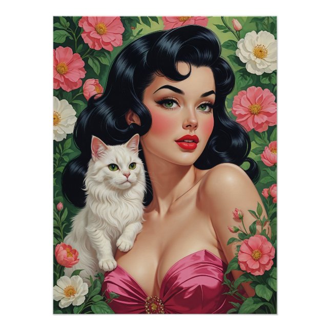 Brunette Pin-Up with Cute White Cat Poster (Front)
