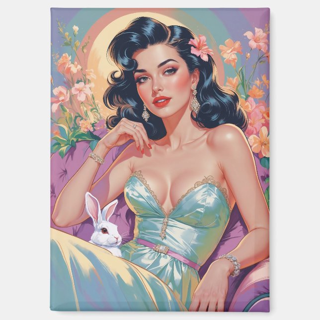 Brunette Pin-Up with Easter Bunny Magnet (Front)