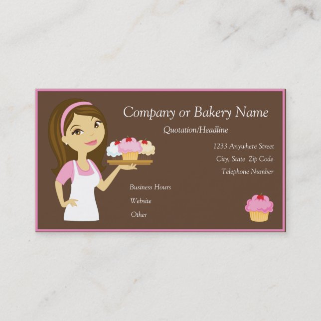 Brunette/Pink Cupcake Baker/Bakery Business Card (Front)