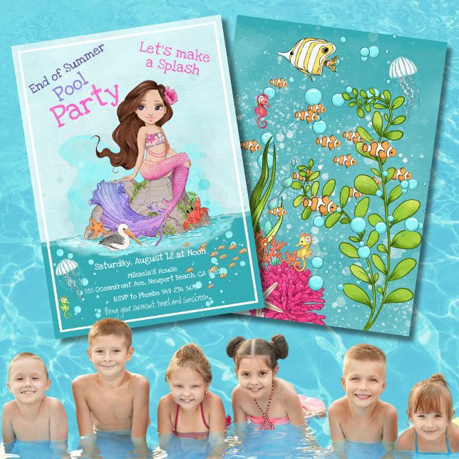 Brunette Pink Purple Mermaid Summer Pool Party  Invitation (Creator Uploaded)