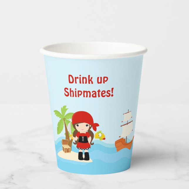 Brunette Pirate Girl in Red Birthday Party Paper Cups (Front)